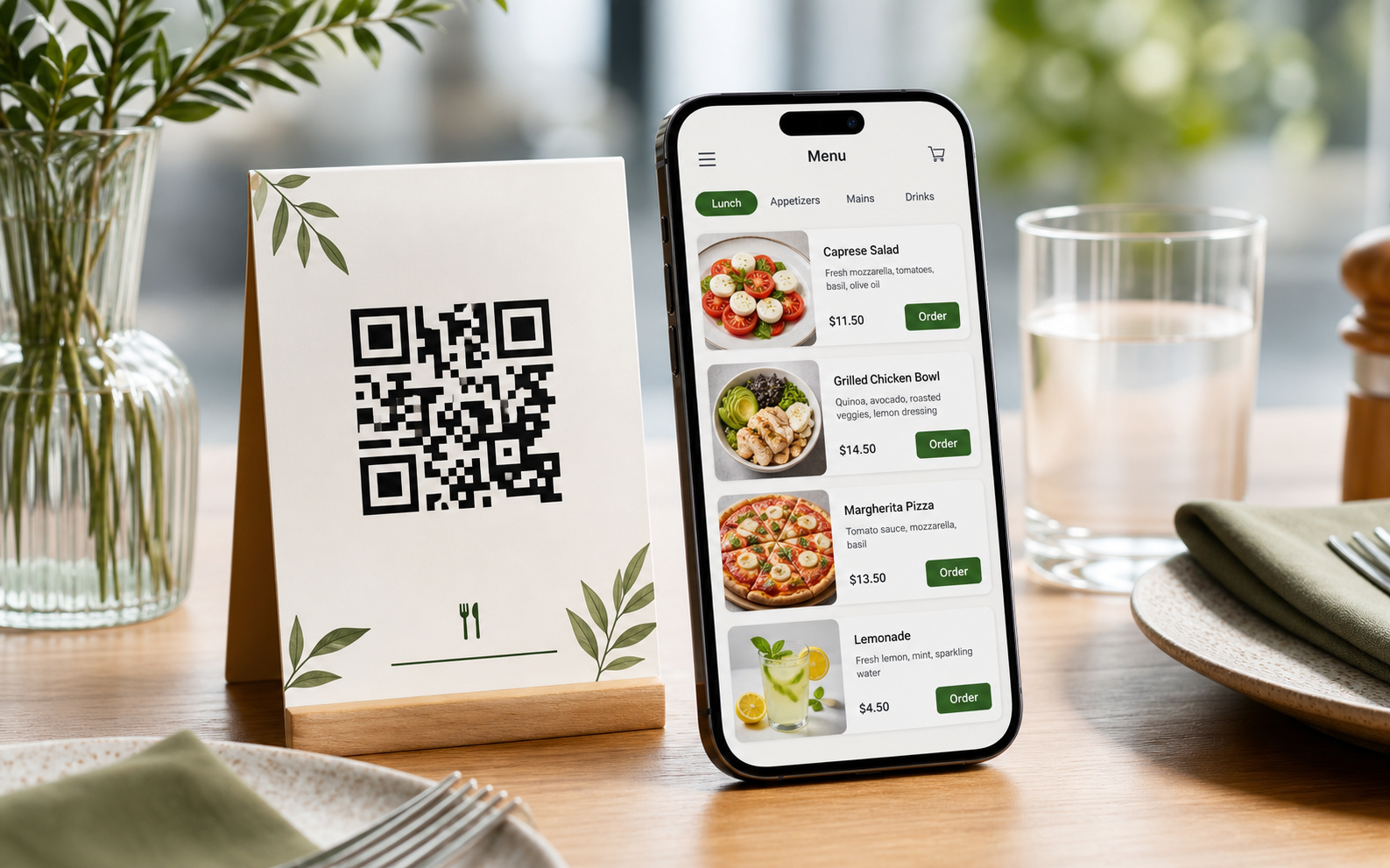 A restaurant QR code table card beside a smartphone showing a digital menu.